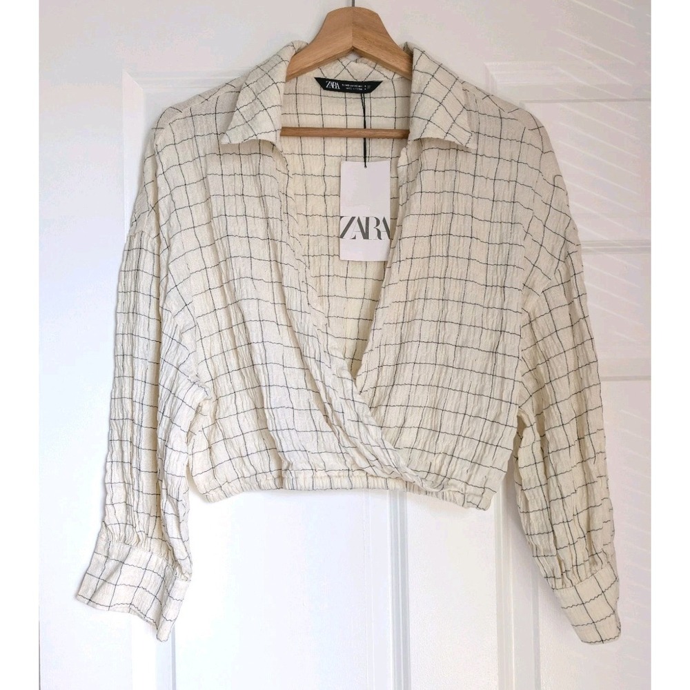 Zara NWT Plaid Crinkled Crop Blouse Wrap V-Neck Top Cream Black Lightweight XS